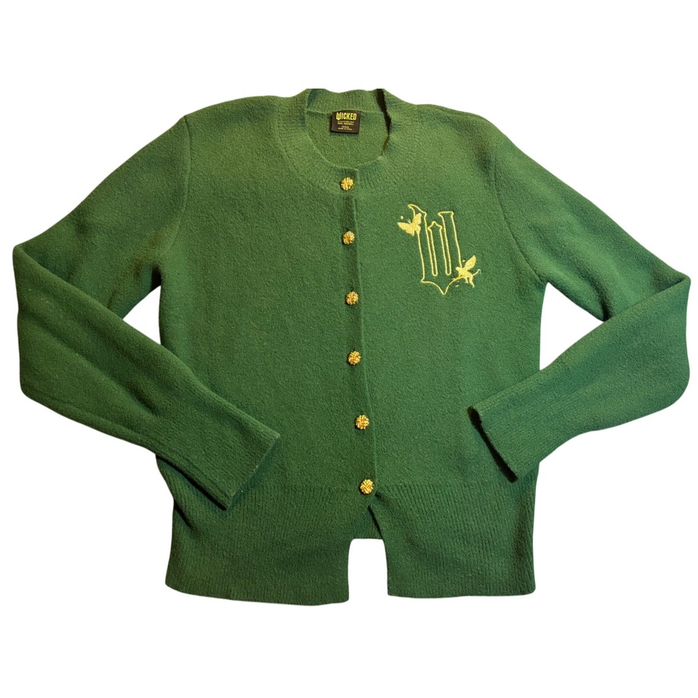 Wicked Cardigan Sweater Women Green Excellent Embroidered Logo Gold Buttons Lg